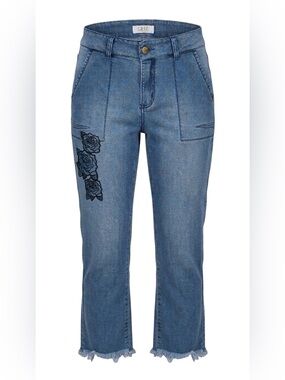 CHZ Chazari Embroidered Rose Raw Hem Cropped Jeans - Blue